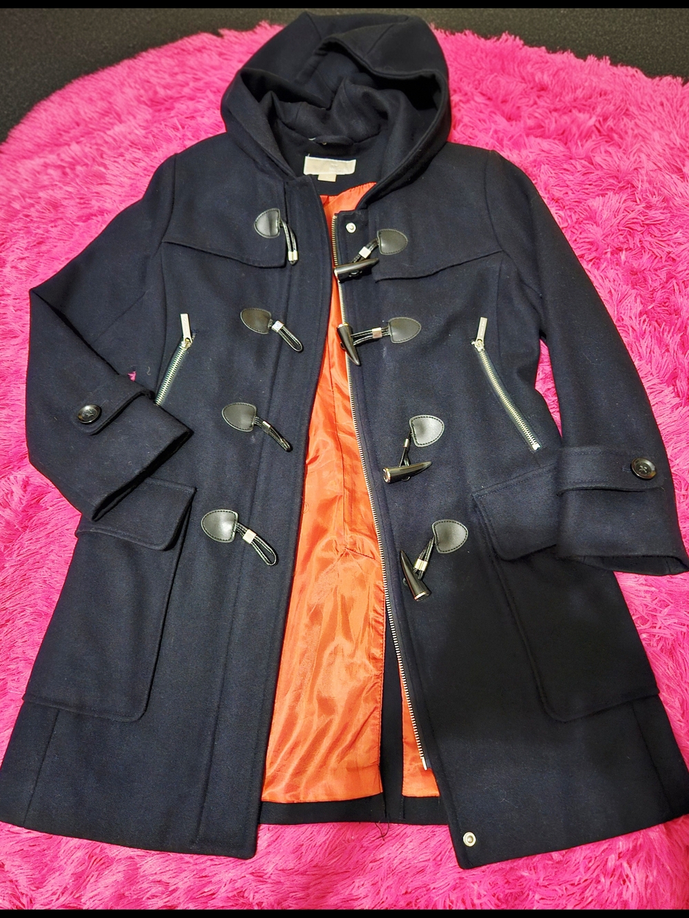 Michael Kors Navy Wool Toggle Pea Coat with Orange Lining